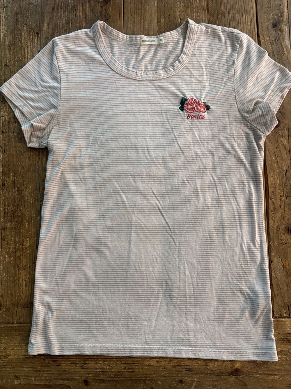 Marine Layer Pink & White Striped Bonita Embroidered Tee